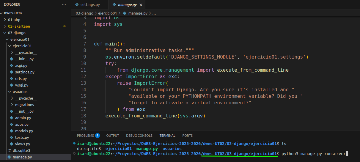 Ejecución del servidor django